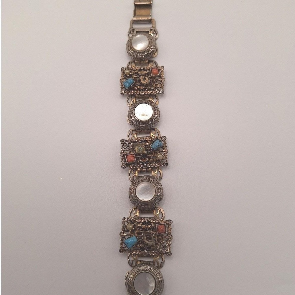 Vintage panel bracelet Etruscan Victorian revival white blue red STONES MISSING